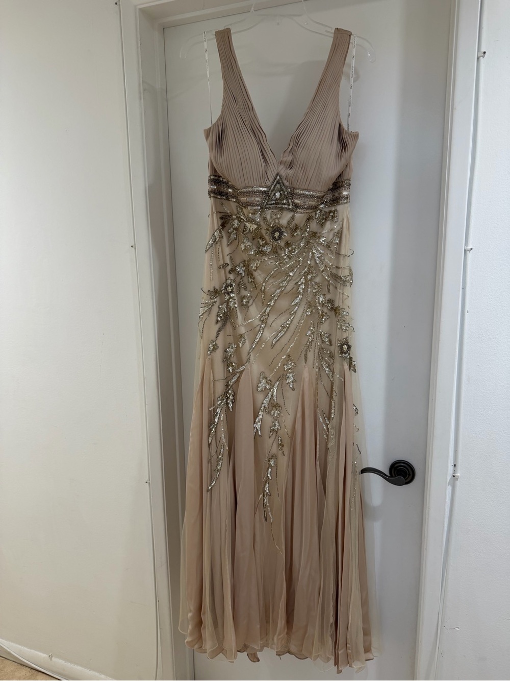 Sue Wong Champagne Beaded V-Neck Maxi Dress